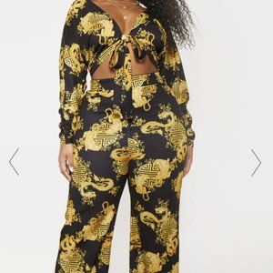Black and Gold Print Tie Front Jumpsuit